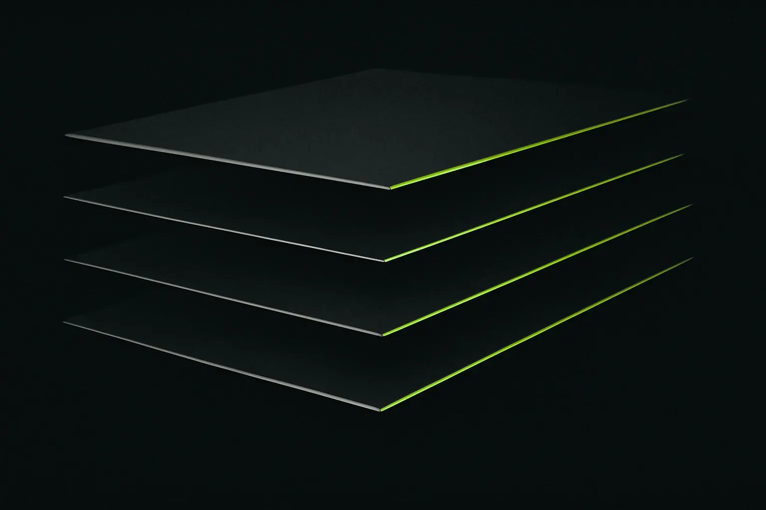 Layered translucent rule-planes with several bright lime hairlines cutting through, the most activated image in the set, representing AI Search Visibility.